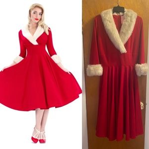 Christmas Red Retro Dress with Fur Collar and Cuff